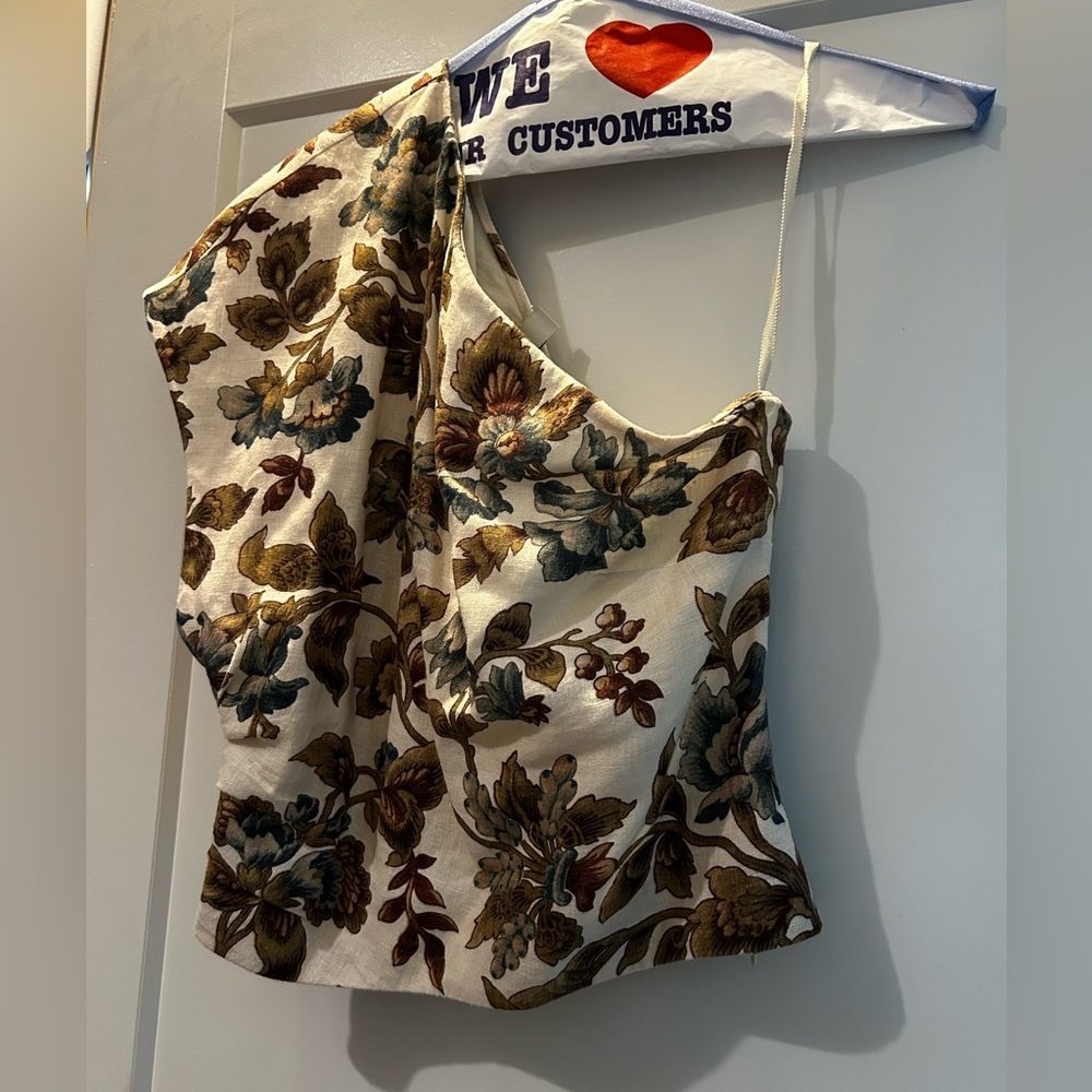 SIR the label Floral One-Shoulder Top in Cream, Brown & Green
